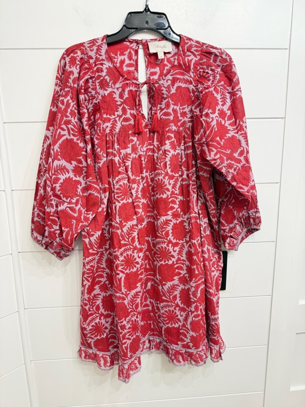Cleobella Red Floral Organic Cotton Dress Boho Tassel Tie Peasant 36369 - Picture 2 of 11